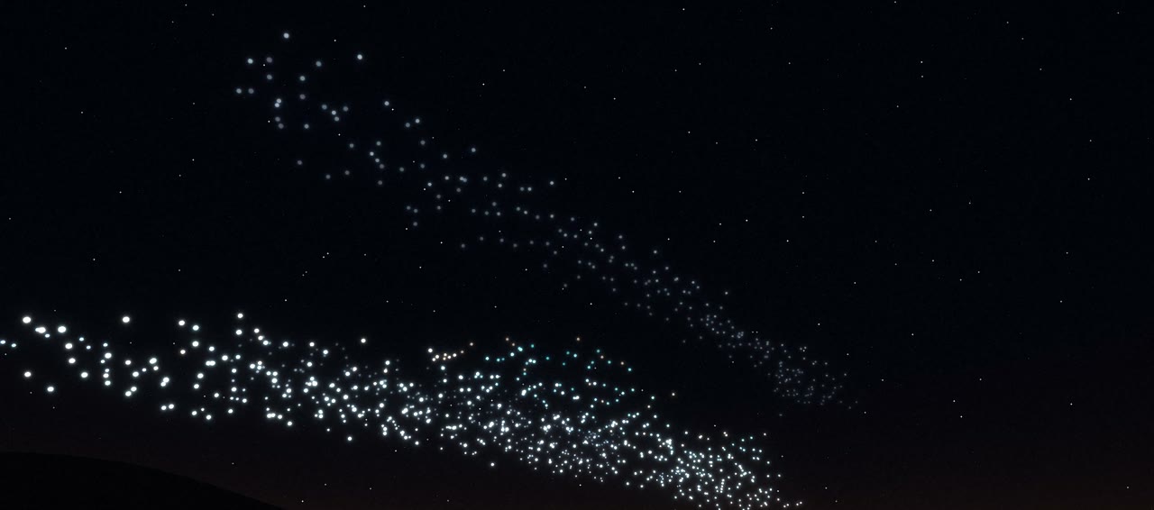 Maya 实录:光点从起降场斜向升入表演面:星火升空